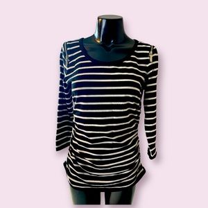 Michael Kors Women's Ruched Black & White Striped Pullover w/Silver Shoulder Zip